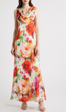 Eliza J Drape Neck Sleeveless Gown in Orange Multi at Nordstrom, Size 14