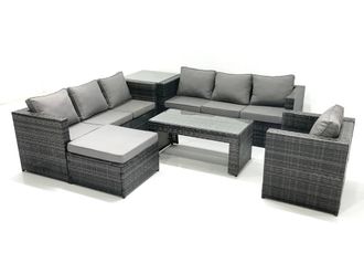 Fimous Rattan Garden Furniture Set Outdoor 8 Seater Patio Conversation Sets with Glass Top Coffee Table Side Table in Dark Grey