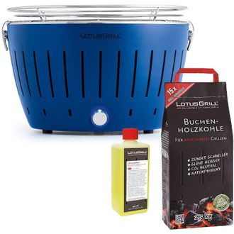 Lotus Grill Barbecue Blu con Batterie e Cavo di Alimentazione USB + 2.5Kg di Carbonella di Faggio + Gel Combustibile 500ml -Lotus Grill