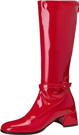 Generic Womens Knee High Boots Round Toe Medium Block Heel With Side Zipper And Decorative Belt Buckle Fashionable Footwear
