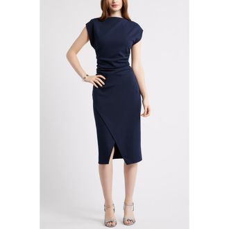 Nordstrom Ruched Funnel Neck Midi Dress in Navy Night at Nordstrom, Size Small