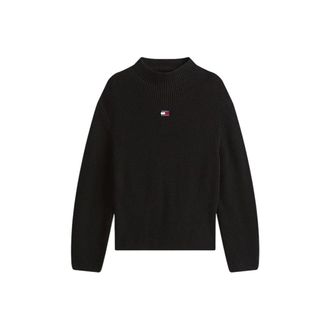 Tommy Jeans Round-neck Knitwear, female, Black, Size: S Black Cotton Sweater with Mock Neck