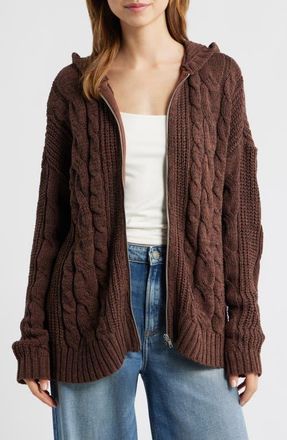 PacSun Dylan Cable Knit Zip-Up Hooded Sweater in Brown at Nordstrom, Size Small
