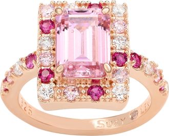Suzy Levian Rose Sterling Silver Emerald Cut Pink Cubic Zirconia Ring