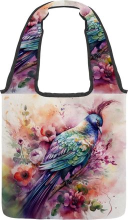 Generic Watercolor Bird Florals Reversible Canvas Shoulder Tote - Double-Sided Print, 12oz Cotton, 27cm Drop, Fold-Flat Bag for Travel, Shopping, Street Outin