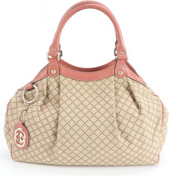 Gucci Beige Pink Leather Canvas Handbag Tote Bag (Pre-Owned)