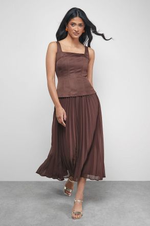 Warehouse Womens Satin Fitted Bodice Chiffon Pleated Skirt Midi Dress - Chocolate - Size 10 UK