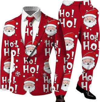 Generic Mens 2 Piece Christmas Suit - Snowman Reindeer Print Blazer & Trousers - Notched Lapel Single Button Slim Fit Festive Outfit UK