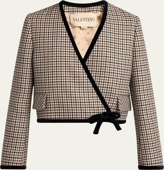 Valentino Garavani Velvet-Trim Houndstooth Crop Wrap Jacket