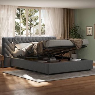 Merax Grey King Size Velvet Ottoman Storage Bed with Chesterfield Headboard