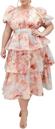 City Chic Heavenly Floral Puff Sleeve Tiered Midi Dress in Floral Dreams at Nordstrom, Size Xxxs