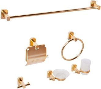 Beliani Elegante set di 6 accessori da bagno in stile moderno in alluminio con bicchiere e portasapone Accessori da bagno oro Pocone