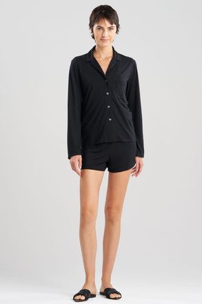 Natori Embroidery Shangri La Notch Short PJ Set in Black at Nordstrom, Size X-Small