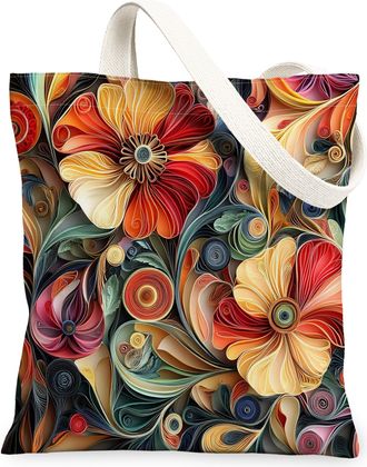 Generic Spring Quilting Paper Poppy Flower Canvas Tote Bag for Shopping 13x15, Floral Wildflower Reusable Grocery Print Pattern Bag for Women Men, Garden Aest