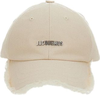 Jacquemus Frayed Brim Off-White Baseball Cap with Silver-tone Logo