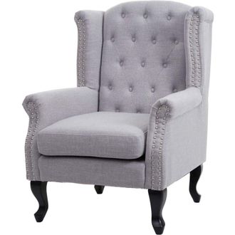Hhg Poltrona stile vittoriano elegante Chesterfield tessuto, grigio senza poggiapiedi