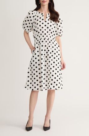 Kasper Polka Dot Puff Sleeve Elastic Waist Stretch Cotton Dress in Lily White/Blk at Nordstrom, Size 12P