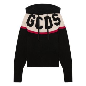 GCDS Gcds, Hoodies & sweatvesten, Dames, Zwart, XL, Wol, Logo Knit Cropped Hoodie