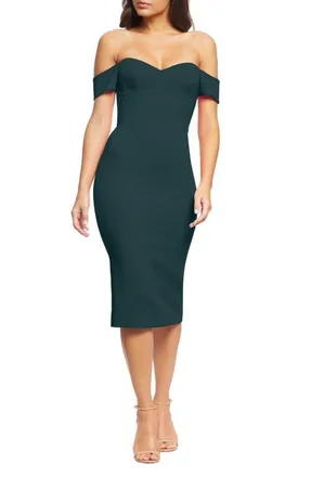 Dress The Population Bailey Off the Shoulder Body-Con Dress in Pine at Nordstrom, Size Xx-Small