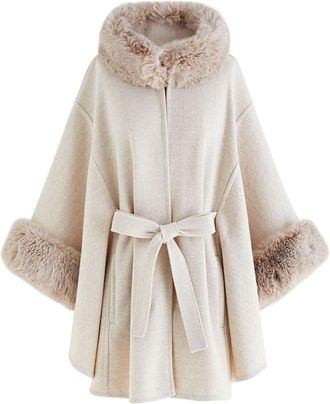 Generic Womens Solid Color Loose Elegant Stand-up Collar Faux Fur Collar Cape Fashion Trend Casual Comfortable Warm Cloak with Belt (Khaki,One Size)