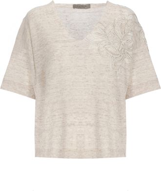 D.exterior Beige Lace Linen-Blend Round-Neck Top