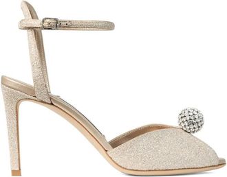 Jimmy Choo London Sakora 85 Light Gold Glitter Fabric Sandals With Crystal Sphere Shoes