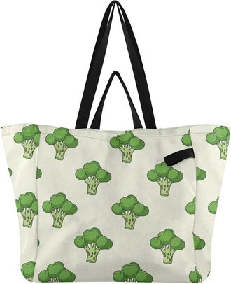 Generic Broccoli Vegetable White print Reusable Canvas Tote Bag, Heavy Duty Grocery Shopping Bag with Large Capacity Double Handles Hard Bottom Work Groceries