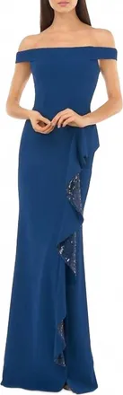 Carmen Marc Valvo Off The Shoulder Ruffle Gown In Blue