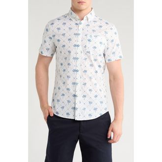 Original Penguin Palm Print Short Sleeve Stretch Button-Down Shirt in Bright White at Nordstrom Rack, Size X-Large