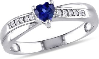 Amour Created Blue Sapphire and Diamond Accent Heart Ring In Sterling Silver