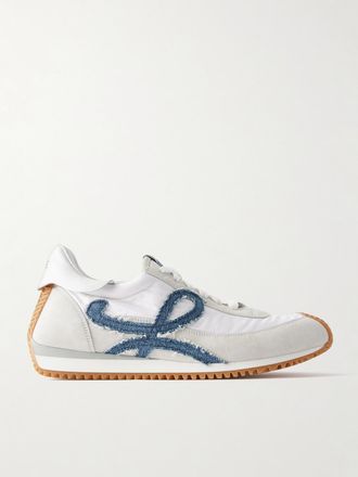Loewe Sneakers In Camoscio E Shell Con Finiture In Denim Flow Runner - Bianco