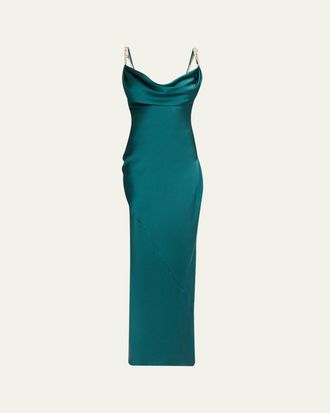 Balmain Cowl-Neck Embroidered Strap Silk Column Gown
