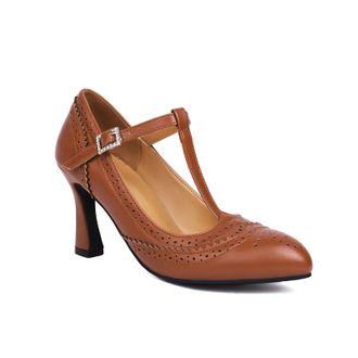 Generic Womens Sexy High Heel Dress Pumps T-Strap Vintage Brogues with Buckle Pointed Toe Party Prom Shoes,Brown,3.5 UK