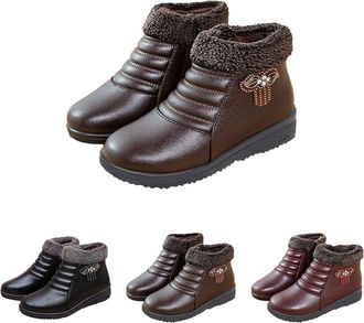 Generic Womens Winter Boots with Side Zipper Warm Fur Lined Short Boots Waterproof Padded Furry Ankle Boot for Ladies Flat Low Heel Vegan Leather Booties Brow