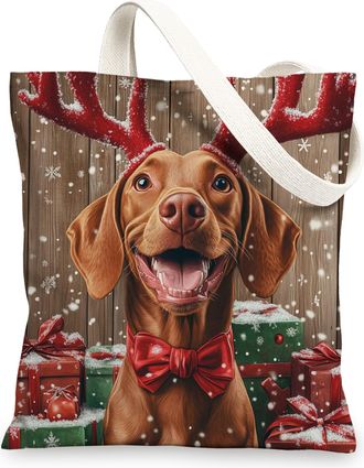 Generic Christmas Vizsla Dog Canvas Tote Bag for Shopping 13x15, Farmhouse Rustic Xmas Puppy Reusable Grocery Print Pattern Bag for Women Men, Happy New Year 