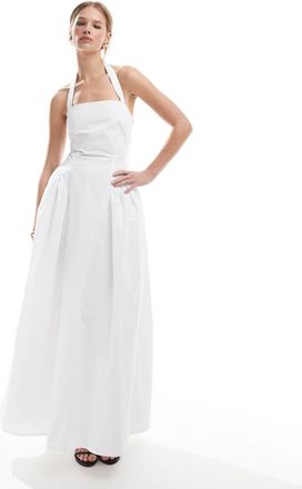 4th & Reckless Vestito lungo in cotone bianco con scollo squadrato allacciato al collo e pieghe sui fianchi