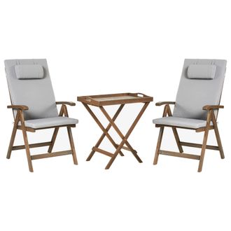 Beliani Beliani - Conjunto De Balc&oacute;n R&uacute;stico De Acacia Maciza Natural Mesa Y 2 Sillas Plegables Con Cojines Gris Claro Amantea Premium