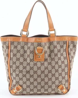 Gucci Brown Leather Canvas Handbag Tote Bag (Pre-Owned)