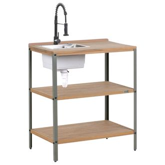 Beliani Isla De Cocina Exterior De Madera De Acacia Con Fregadero Y 2 Estantes 50 X 80 X 92 Cm Encimera De Madera Maciza Marr&oacute;n/negro Ivrea