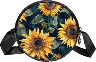 Generic Circle Crossbody Bag for Women, Retro Sunflowers Small Sling Bag Daypack with Zipper Adjustable Shoulder Straps Casual Ladies Girls Round Purse