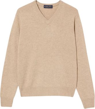 Brooks Brothers Wol-Cashmere V-hals Trui - Heren - V-hals truien - Beige - M - Wol - Truien & Vesten