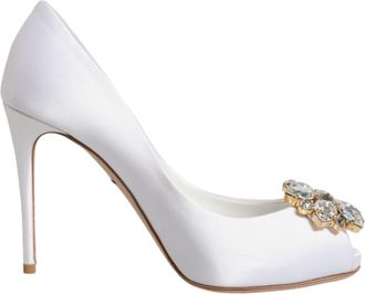 Dolce & Gabbana White Crystals Peep Toe Satin Pumps Womens Shoes (Pre-Owned)