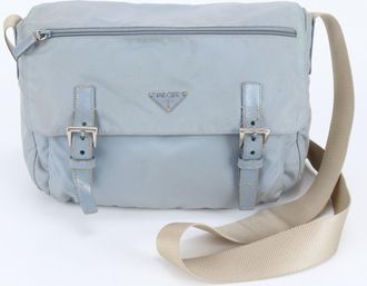Prada Beige Blue Nylon Leather Shoulder Bag (Pre-Owned)