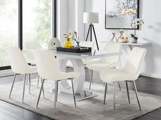 Furniturebox Giovani 6-Seater Grey Glass Dining Table & 6 Pesaro Soft Velvet Dining Chairs in Cream