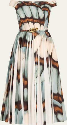 Oscar De La Renta Off-The-Shoulder Butterfly Poplin Pleated Midi Dress With Belt