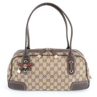 Gucci Brown Leather Canvas Handbag Tote Bag (Pre-Owned)