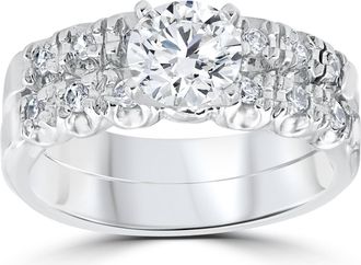 Pompeii3 1 Carat Diamond Engagement Ring Matching Wedding Band Prong Set 14K White Gold Size Selectable