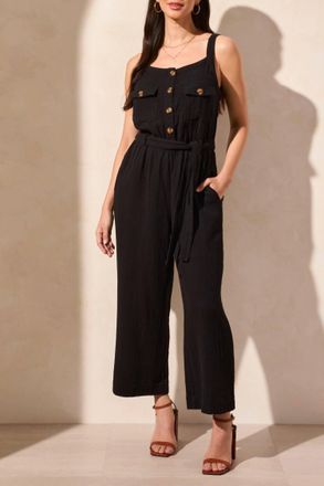 Tribal Belted Cotton Gauze Jumpsuit In Black