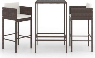vidaXL Set De Bar De Jard&iacute;n 3 Piezas Y Cojines Rat&aacute;n Sint&eacute;tico Marr&oacute;n Vidaxl