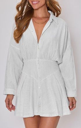 VICI Collection Taylor Stripe Long Sleeve Cotton & Linen Mini Shirtdress in Cream/Black at Nordstrom, Size Large